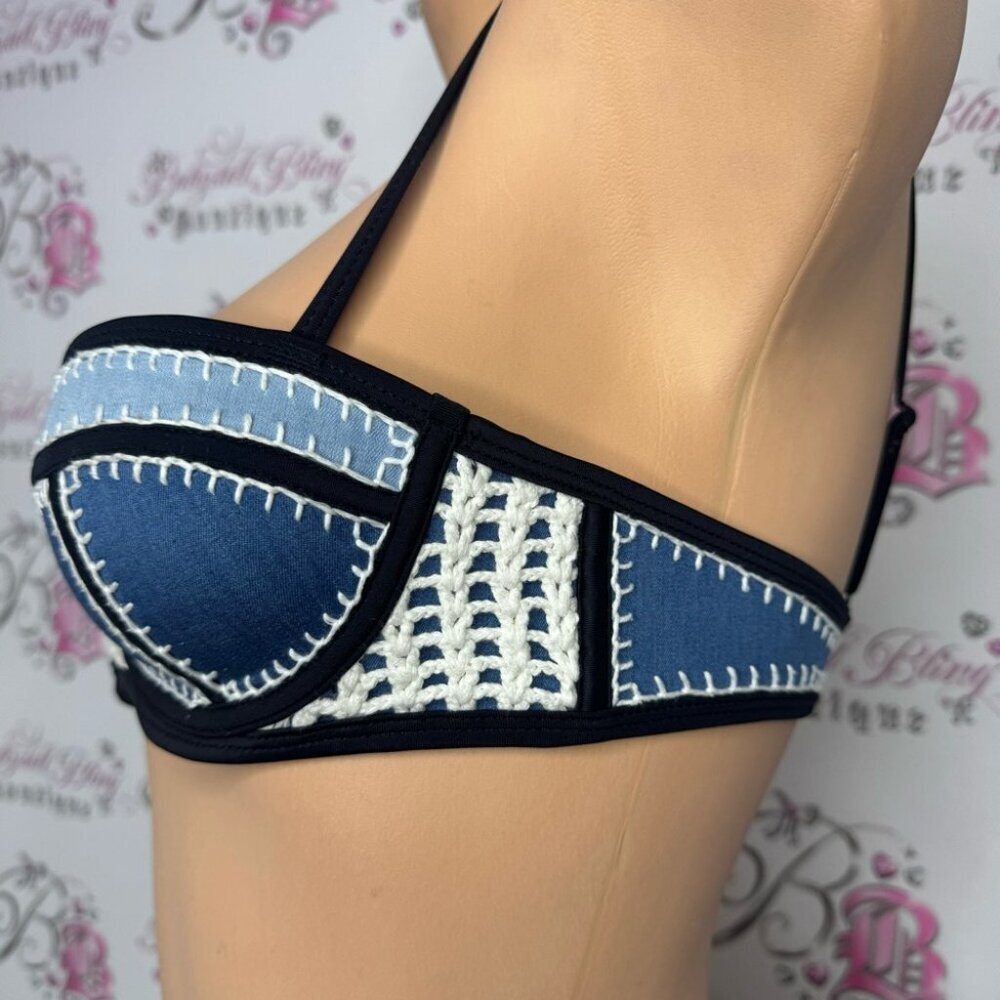 Triangl swimwear top bikini denim jean crochet blue navy cream snap back closure - Picture 7 of 14